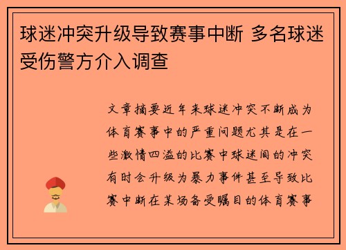 球迷冲突升级导致赛事中断 多名球迷受伤警方介入调查