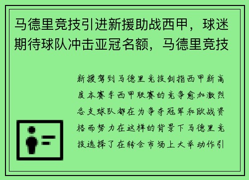马德里竞技引进新援助战西甲，球迷期待球队冲击亚冠名额，马德里竞技足球队