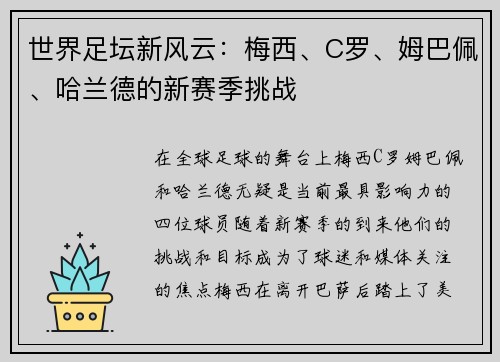 世界足坛新风云：梅西、C罗、姆巴佩、哈兰德的新赛季挑战